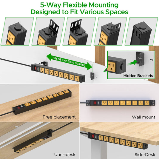 ETL Listed 20A Heavy Duty Power Strip | 8-Outlet Metal Surge Protector with Wall & Rack Mount