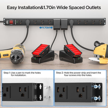 CRST 12-Outlet Metal Surge Protector Power Strip — Mountable, 2100J, 6FT/15FT Cord